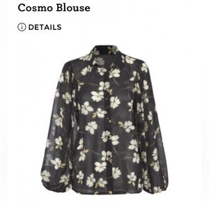 CAbi Black Blouse with Cream Floral Design